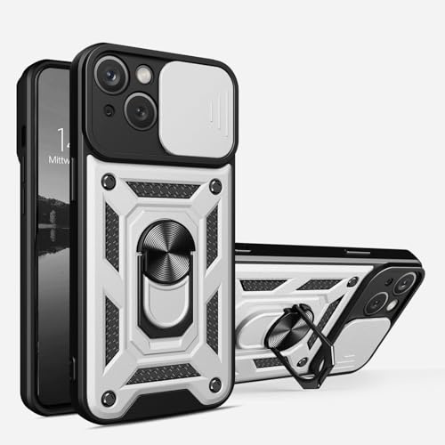 LBH Armor Hülle kompatibel mit Apple iPhone 15 Case mit Kameraschutz Outdoor Stoßfest Handyhülle 360 Grad Metal Ring Halter Ständer Schutzhülle für Handyhalterung Auto Magnet Silber