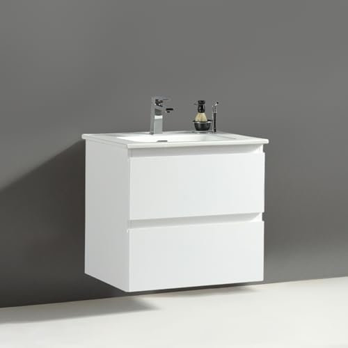 Alpenberger Waschtisch mit Unterschrank 60 cm Breit | Badezimmermöbel Set | Möbel + Waschbecken Gäste WC | Waschbeckenunterschrank Hängend | Badmöbel (Weiss Glänzend)