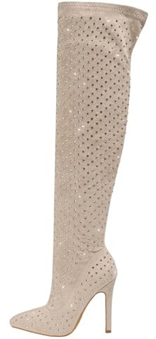 FUIPOT Donna Strass Stivali sopra il ginocchio Sexy Stivali alti alla coscia Glitter Punta di diamante Tacchi alti Cerniera laterale Stivali alti al ginocchio Vestito Stivali lunghi,Apricot,37 EU