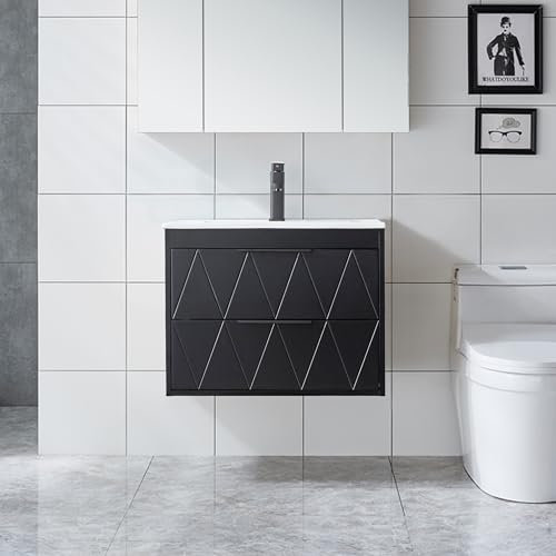 UEV Waschtisch mit Unterschrank, Waschbeckenunterschrank 60cm hängend, mit 2 Schubladen, Soft-Close-System, Waschplatz, Aufsatzwaschbecken, Badmöbel für Gäste WC, Schwarz