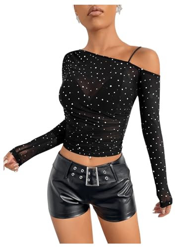 GORGLITTER Women's Glitter Off Shoulder Sheer Crop Top Mesh Going Out Tops Long Sleeve Cropped Tee Shirt Black S