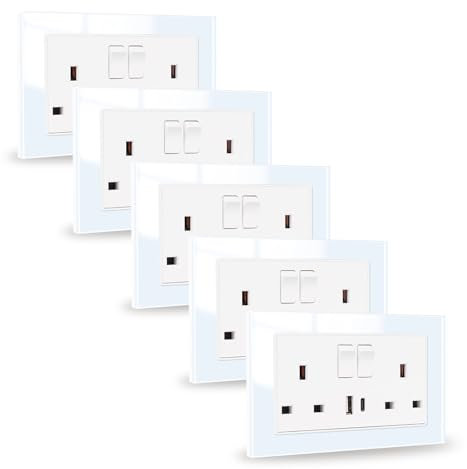 JIMEIDA 5 Pack Double Switched Socket White 20W Fast Charging 13 Amp with USB A and Type C Charging Ports Crystal Glass Panel Switched Socket