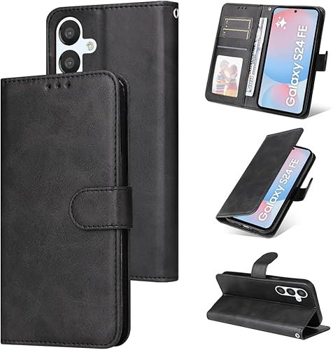 E-Lush Coque pour Samsung Galaxy S24 FE 5G Cuir PU, Portefeuille Etui pour Samsung S24 FE Coque Magnétique Flip Case avec Fonction Support Fente Carte Housse 360 Degrés Antichoc Protection, Noir