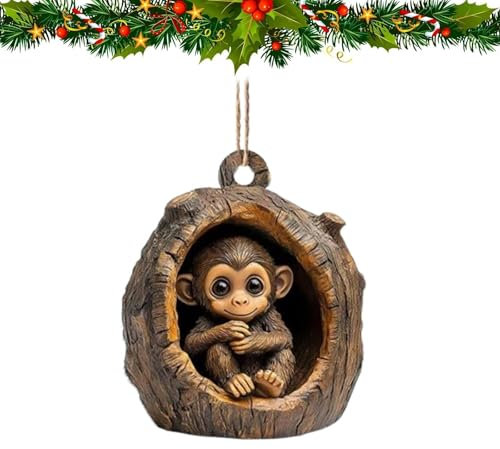SENIURIS Forest Christmas Tree Animal Decorations, Pattern 2D Acrylic Ornament, Acrylic Party Hanging Ornament Pendant. (Little Monkey)