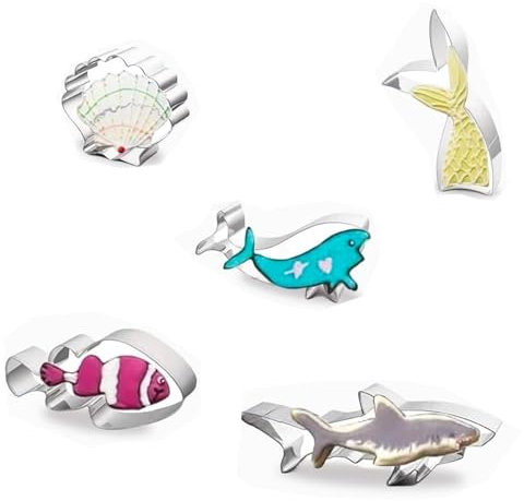 TINGSING Ensemble de Emporte-Pièces en Aciers Inoxydables sous la Mer avec Livret de Recettes, Requin, Baleine, Poisson, Queue de Sirène, Tortue de mer pour Faire des Cookies (5pcs)