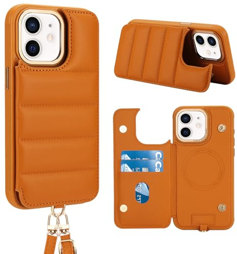 Butnyeoe Crossbody Wallet Case for iPhone 11(6,1) with Card Holder Magnetic Charging Kickstand,Flip Leather Phone Case,RFID Blocking Protective Cover,Wrist Strap Lanyard Handbag,Orange