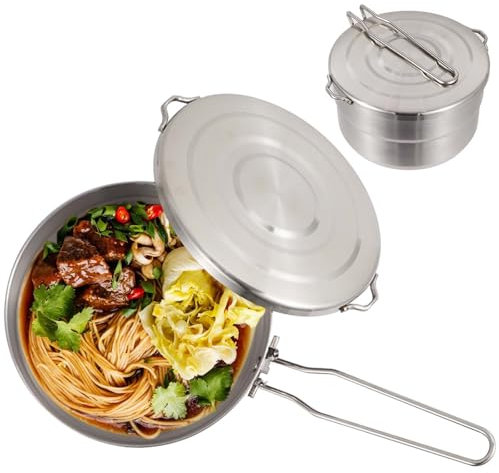Camping Topf, 1.5L Edelstahl Camping Geschirr mit Deckel & Faltbare Griff Camping Kochtopf Outdoor Geschir Set für Camping Wandern Picknick