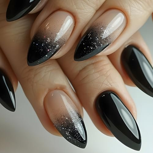 MouyouGlow Press on Nails Kurz,Almond Nude Farbverlauf Schwarz Glitzer Tips Gothic Glossy Fake Nails Kunstnägel mit Nagelkleber,Natural Gradient Black Shimmer Künstliche Fingernägel