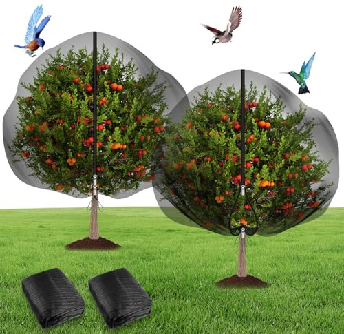 Fruit Tree Netting Cover with Zipper and Drawstring Large Bird Netting for Fruit Trees Cover Bird Barrier Mesh for Garden Protection Keep Squirrels Cicadas Deer Insects Out, Black (8' x 8', 2 Pack)