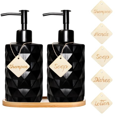 2er Glas Spülmittelspender,Seifenspender Schwarz Matt mit Tablett,Seifenspender Set Handseifenspender Duschgel Spender für Küche Bad Shampoo Lotion