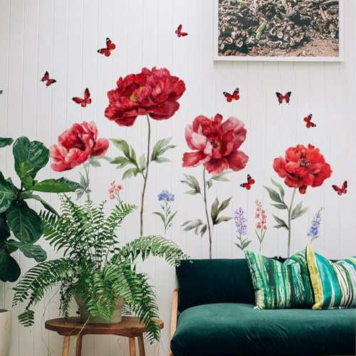 OUFEI Wall Art Stickers Decor Floral Wallpaper Peel and Stick Big Red Peony Flowers Wall Decals for Living Room Girls Bedroom Baby Kids Nursery Wall Decoration