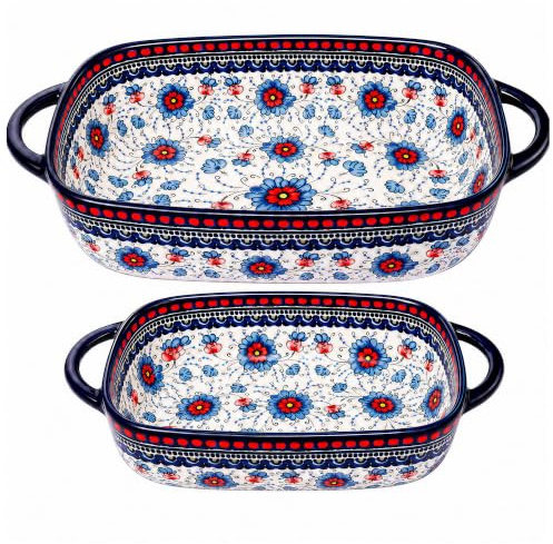 Moqidadii 2-Piece Polish Pottery Style Ceramic Baking Dish Set | Large baker for casseroles, baked pasta & roasting; small baker for sides & dips; Polish Pottery Style oven-to-table ceramic