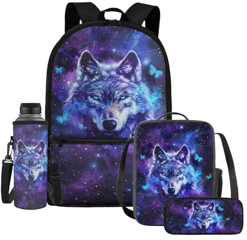 UOIMAG Kinder-Schultaschen, Rucksack, Lunchbox-Set mit Wasserflaschenhalter, Federmäppchen, 4-teiliges Set, Wolf Schmetterling Galaxie, Einheitsgröße, Schulranzen-Set