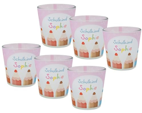 Windlicht Banderole Rosa Buntstifte Kerzenglas Einschulung Schulbeginn Deko Tischdeko PERSONALISIERT 7,5cm Hoch, Menge:6 Stück