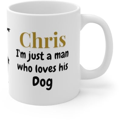 Personalised Dog Lover Coffee Mug, White Ceramic, Custom Name Text 'I'm Just a Man Who Loves His Dog', Gold and Black Design