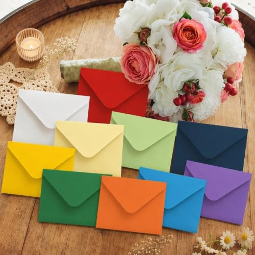 100 Stück Mini Umschläge Bunt, 7×10cm Briefumschläge, Kleine Farbige Umschläge, mit Aufkleber, Kleine Briefumschläge Kuvert für Geschenkkarte Hochzeit, Geburtstag Party Supplies