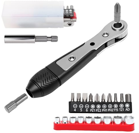 Ratschenschlüssel Magnetisch,1/4 Zoll Ratschen Wendeschrauber Geeignet für Beengte Räume,20 Stück Zubehör--Phillips,Schlitz,Sechskant, Vierkant,Steckschlüssel,Mini Ratschen Set für Autos,Fahrräder,DIY