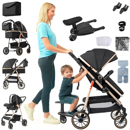 Prokoke Kinderwagen 3 in 1, Buggy mit Umkehrbarem Zwei-Wege-Schub, Kinderwagen Rahmen Aluminiumlegierung, Kombikinderwagen 3 in 1 Einem Klick Faltbar Baby Kleinkind Neugeborene (FV8 Black Gold)