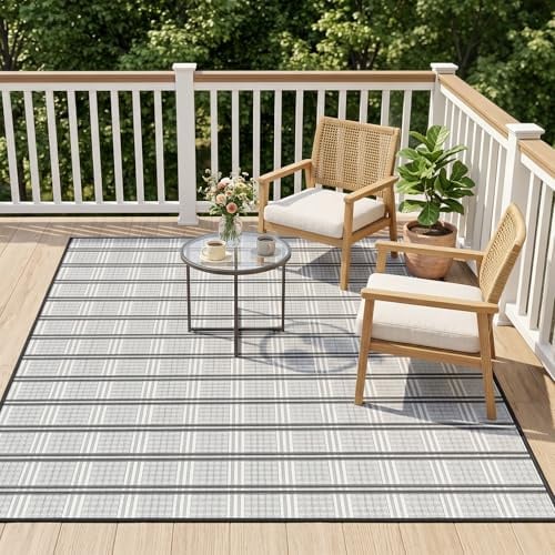 Shade&Beyond Outdoor Teppich Wetterfest 180x270cm, Wendbarer Balkon Teppich UV-Beständig & Waschbar, Faltbarer Kunststoffteppich für Terrasse, Garten, Camping & Pool, Grau & Weiß