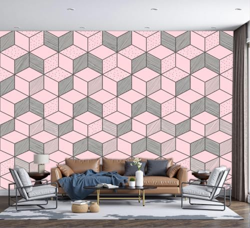 Fototapete 3D-Würfel 3D Effekt 300X210Cm Rosagrau Morandi-Geometrie Foto Tapete Schlafzimmer Wohnzimmer Moderne Xxl Wandtapete Groß Fototapeten Poster Wand Dekoration