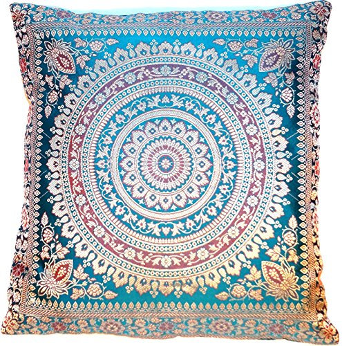 Türkis-Grün Indische Seide Kissenbezug | Zierkissenbezug | Sofakissenbezug | Dekokissen | Kissenhülle - 40 cm x 40 cm ***Handgewebt und Handgefertigt von Kunsthandwerkern aus Kaschmir-Indien***