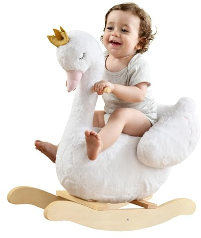 labebe Kids Rocking Horse White Swan, Stuffed Animal Wooden Rocker for Children 6 Months Boys and Girls/Nursery Christmas, Birthday Gift (Rocking Swan)