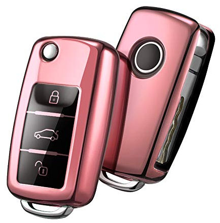 OATSBASF Autoschlüssel Hülle VW, VW Golf Schlüsselbox,Schlüsselhülle Cover für VW Polo Passat Skoda Seat 3-Tasten (Roségold)