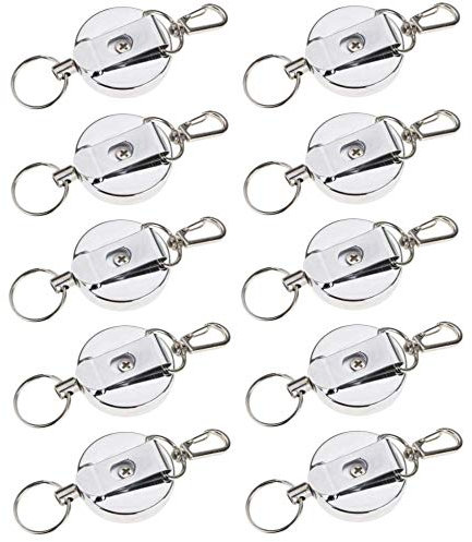 Kompassswc JoJo Schlüsselhalter mit Stahlseil ausziehbar Schlüsselanhänger mit Schlüsselring mit Karabiner Anti-Verloren Ausweis JoJo Schlüsselband mit 65cm Reißfester Schnur in Silber (10 Stück)