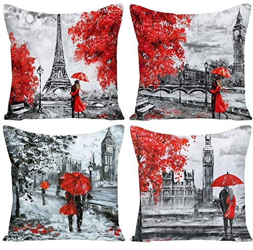 Decorative Red Throw Pillow Covers 16x16 Inches Black & Red Color Eiffel Tower & Big Ben Lovers Pillow Case Cushion Cover Burlap for Sofa, Living Room, Bedroom, Indoor or Outdoor Pillowcase