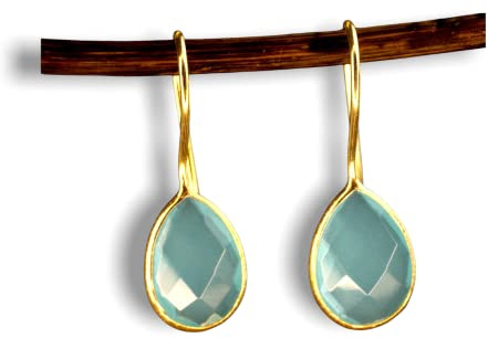 MadamLili - Ohrringe Aquamarin Tröpfchen - 925 Sterling Gold Vergoldet - Handgefertigt - Blau Hängende Edelstein Ohrhänger für Damen - Exklusive Schmuckbox