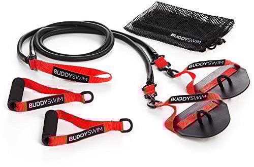 BUDDYSWIM Bandes élastiques de Natation Super Stroke avec poignées et palettes interchangeables. Elastique Musculation Traction pour l'entraînement à la nage à Sec. Bandes de Resistance Niveau Heavy