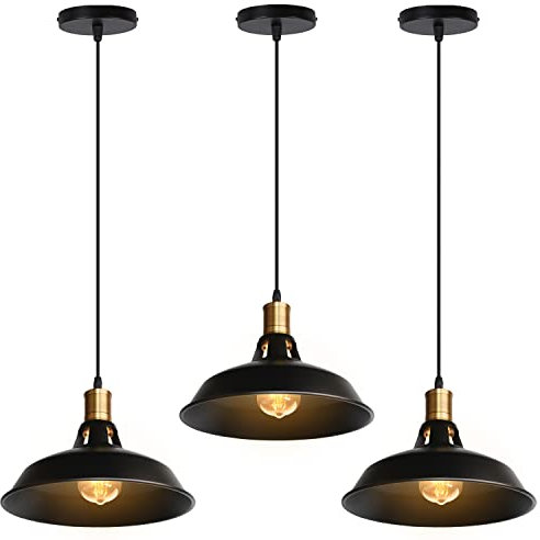 iDEGU Juego de 3 Lámparas Colgantes Vintage, Lámpara de Techo Industrial 27cm Iluminación E27 Luz Colgante Retro para Cocina, Salón, Dormitorio, Comedor, Pasillo, Restaurante (Negro)