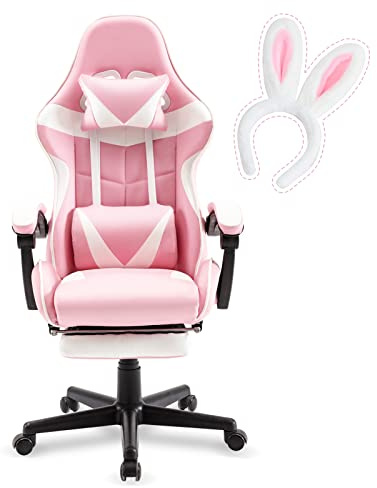 Soontrans Silla para videojuegos, de masaje, con reposapiés, ergonómica, con reposacabezas, cojín lumbar de masaje, silla acolchada para videojuegos, para trabajo, transmisión en directo, rosa