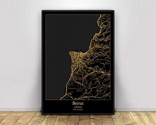 SONG Leinwand Bild, Beirut Libanon Schwarz & Gold Stadt Lichtkarten Poster Benutzerdefinierte Welt Kunst Leinwand Malerei Wandkunst für Wohnzimmer Home Decor,50 * 75cm