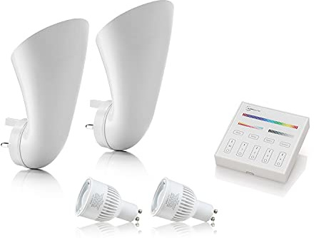 Auraglow Plugin GU10 Strahler, Deckenfluter, Wandwaschleuchte, Steckdose mit farbwechselndem LED-Leuchtmittel, Smart-Leuchtmittel und Touch-Panel-Schalter – 2 Stück