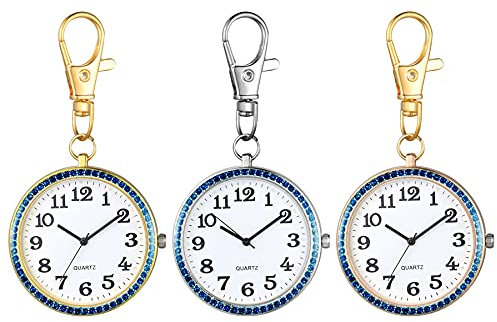 JewelryWe 3pcs Karabiner Taschenuhr mit Gravur Quarz Analog Uhr Strass Quarzuhr mit Schlüsselanhänger für Ärzte Krankenschwestern Sanitäter Köche Gold Blau