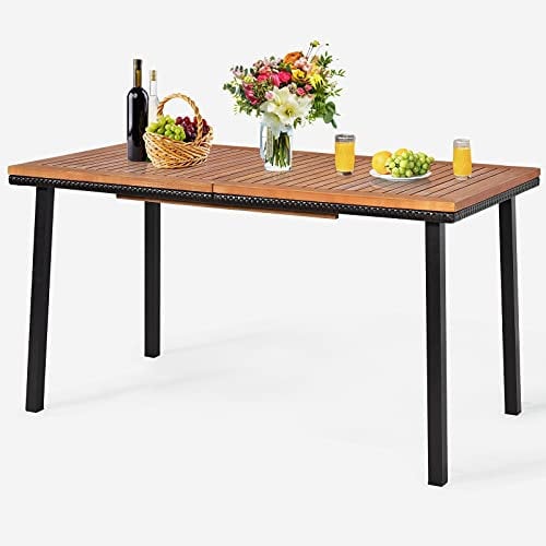 GOPLUS - Mesa de jardín al aire libre, mesa de comedor de madera con agujero de sombrilla, ideal para terraza, patio, piscina, 140 x 75 x 76 cm