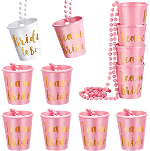 Aoen 12 Pcs Hen Party Shot Glasses Necklace Plastic Beaded Bridal Shot Glass Necklace Pink & White for Bachelorette Party Bridal Party Necklaces (1 Bride to Be, 11 Team Bride), Rose Gold (AE2447)
