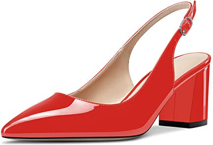 Castamere Donna Medio Chunky Blocco Tacco Heel a Punta Slingback Pumps Slip-on Cute Dress Cinturino alla Caviglia Sandali 6.5 CM Heels Rosso Verniciata 45 EU