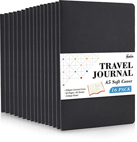 feela 16 Pack Soft Cover Notebooks A5, 92 Lined Pages, 80 GSM Paper, Black | College Ruled Exercise Notebooks Bulk for School Office Travel, Note Taking, Journal Notepads for Students Adults Women Men