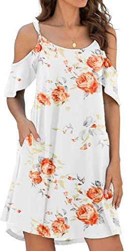 CLOUSPO Femme Robe d’été à Manches Courtes Épaules Dénudées Mini Robe Femme Bretelles Col Rond Élégante Chic Décontracté Florale de Plage S Rose Blanche