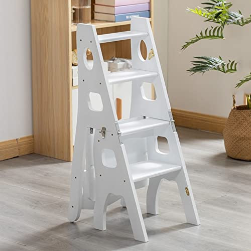 4-Stufen-Leiterstuhl, Holz-Tritthocker, Klapphocker, Treppenstuhl, rutschfest, leicht, Trittleiter, Treppenstuhl für Küche, Bibliothek, Weiß