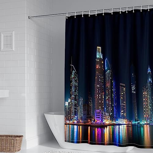 Rideau Douche Tissus, Rideau Baignoire Coloré Vue Nocturne des Immeubles de Grande Hauteur Rideau de Douche Dames 150X200cm