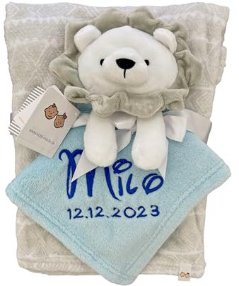 KIDDI-MEDIA Babydecke inklusive Trösterchen mit Name und Geburtsdatum Bestickt/kuschelig weich / 1A Qualität (Grau Hellblau Löwe)