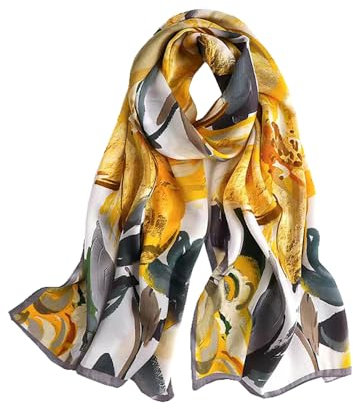 ANDANTINO Langer Schal für Damen, 100% Maulbeerseide, große Schals für Kopftuch und Hals, längliche Haarwickel, mit Geschenkverpackung, Goldene Blumen, Large