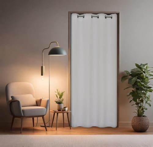 tinycurtains, Türvorhang mit Teleskopstange, einfache Montage in nur 1 Minute ohne Bohren (Türvorhang Weiß + Stange Silber, Vorhang 195 x 150 cm (HxB); Stange 70-120 cm)