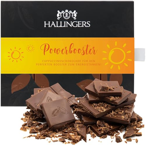 Hallingers Genuss Manufaktur Schokolade Geschenk - Tafel handgeschöpften Edelkakaos ohne Alkohol edler Karton Power Booster Cappuccino, Geschenkidee für Frauen Männer