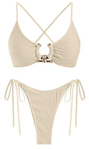 ZAFUL Damen-Bikini-Set, Gerippter Metall-O-Ring, Criss Cross, Zweiteiliger Badeanzug, frech, hoch geschnitten, seitliche Bindung, Tanga, Badeanzug, Heller Kaffee, Large