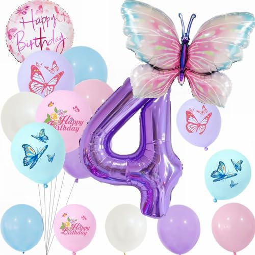 Yunchu Online 4. Geburtstagsdeko Mädchen Lila Schmetterling Set - Kindergeburtstag Party Deko für Mädchen Schmetterlinge Thema