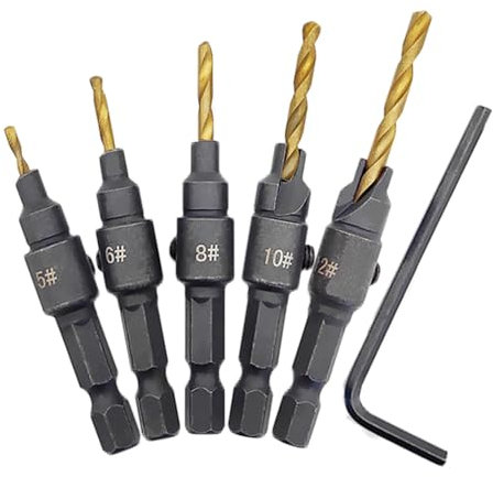 5 Piezas Juego de Brocas Avellanadas, HSS Brocas Ajustable Madera, Cambio Rápido de Vástago Hexagonal de 1/4 Pulgadas, Herramienta de Chaflán de Madera con Llave Hexagonal